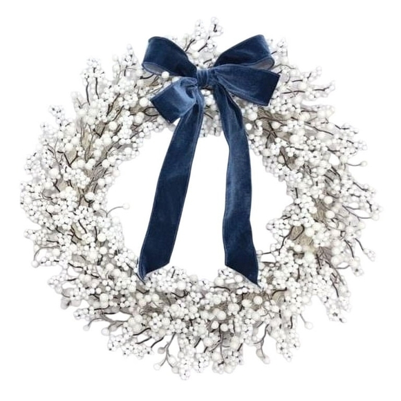Elegant White Berry Wreath with Blue Velvet Bow